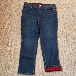 Duluth Trading Co Blue Jeans with Red Plaid Lining